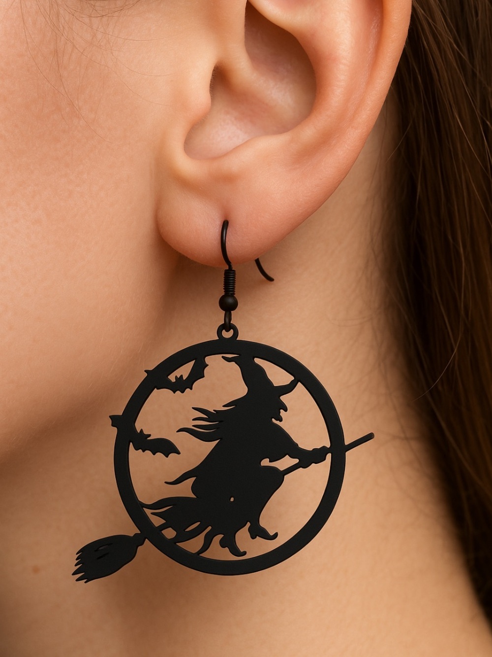 Black Witch Silhouette Hoop Dangle Earrings - Women's Halloween Jewelry
